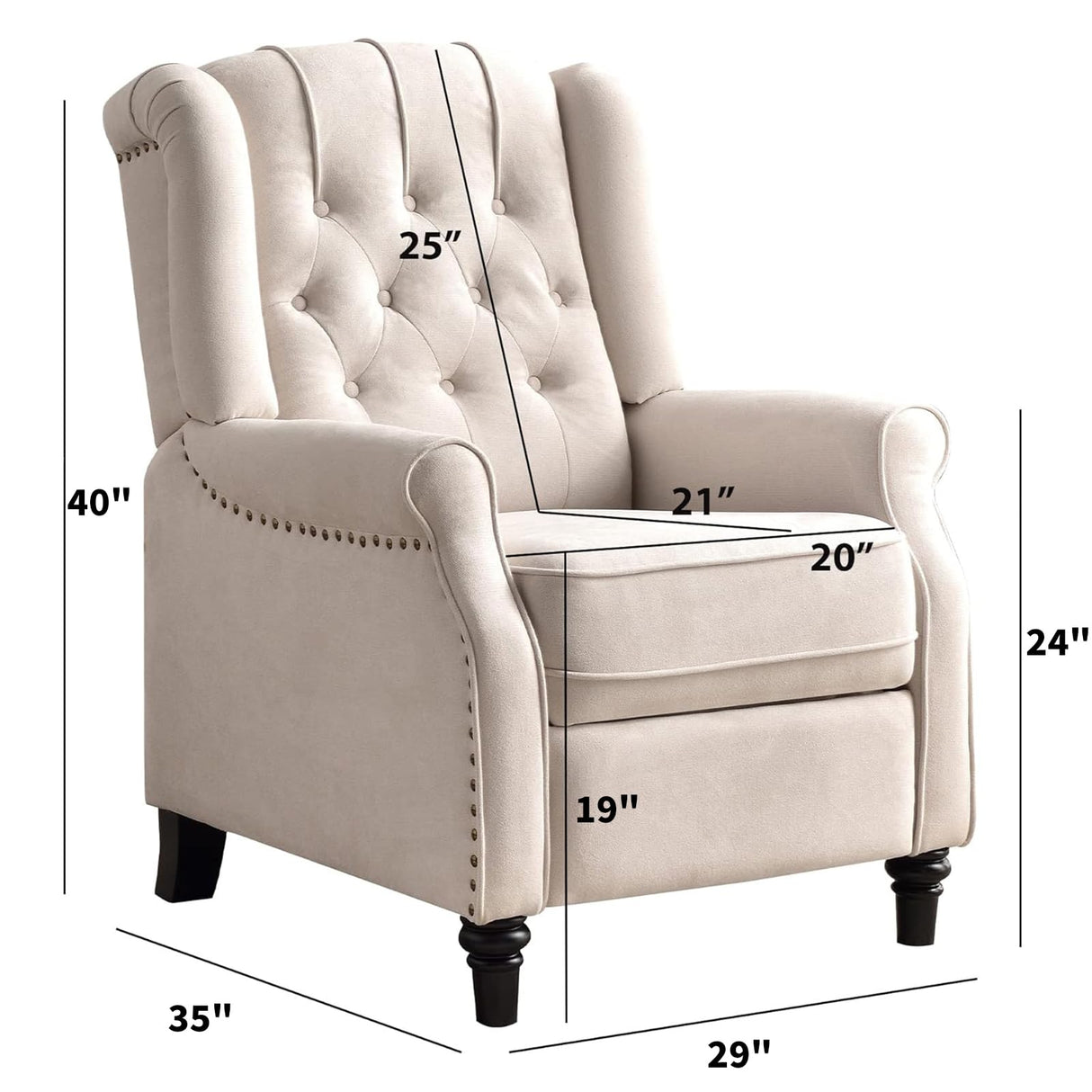 CANMOV Push Back Recliner Chair Set of 2, Elizabeth Fabric Recliner with Tufted Back Home Theater Seating w/Padded Seat and Nailhead Trim, Wooden Legs, Adjustable Single Sofa，White CANMOV