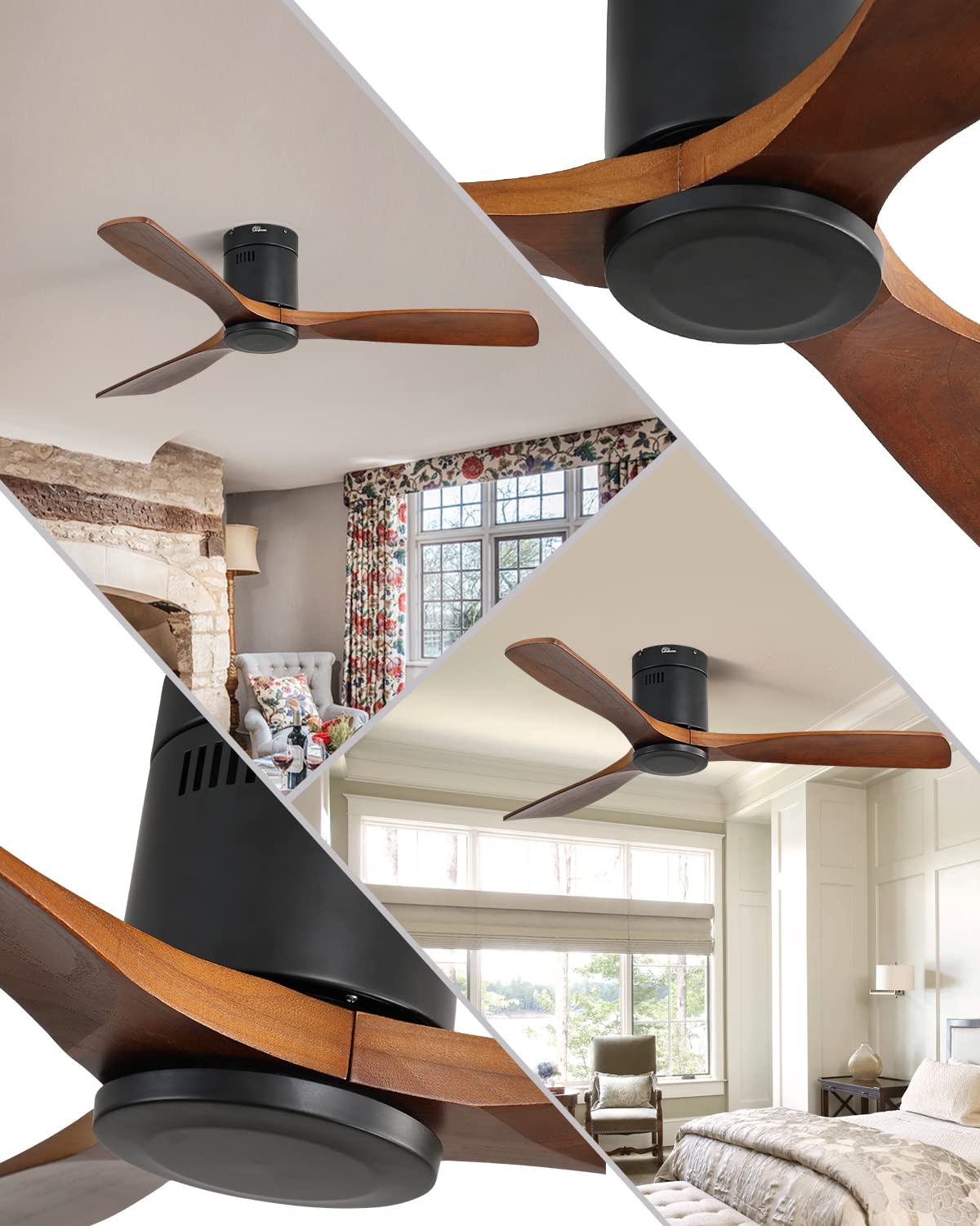 Sofucor Flush Mount Ceiling Fan Low Profile Ceiling Fan with Remote Control 52 Inch Outdoor Ceiling Fan 3 Reversible Walnut Wood Blades Noiseless DC Motor 6 Speed with Timer Sofucor