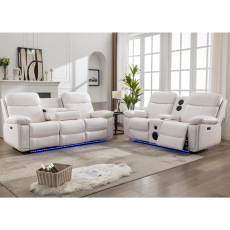 KEIKI 2-Piece Power Reclining Sofa Set with 1 Oversized Technical Leather 3-Seater Sofa & 1 Loveseat Sofa, Electric Control 5-Seater Couch Set with Cup Holder, Storage Armrest, for Living Room, White KEIKI