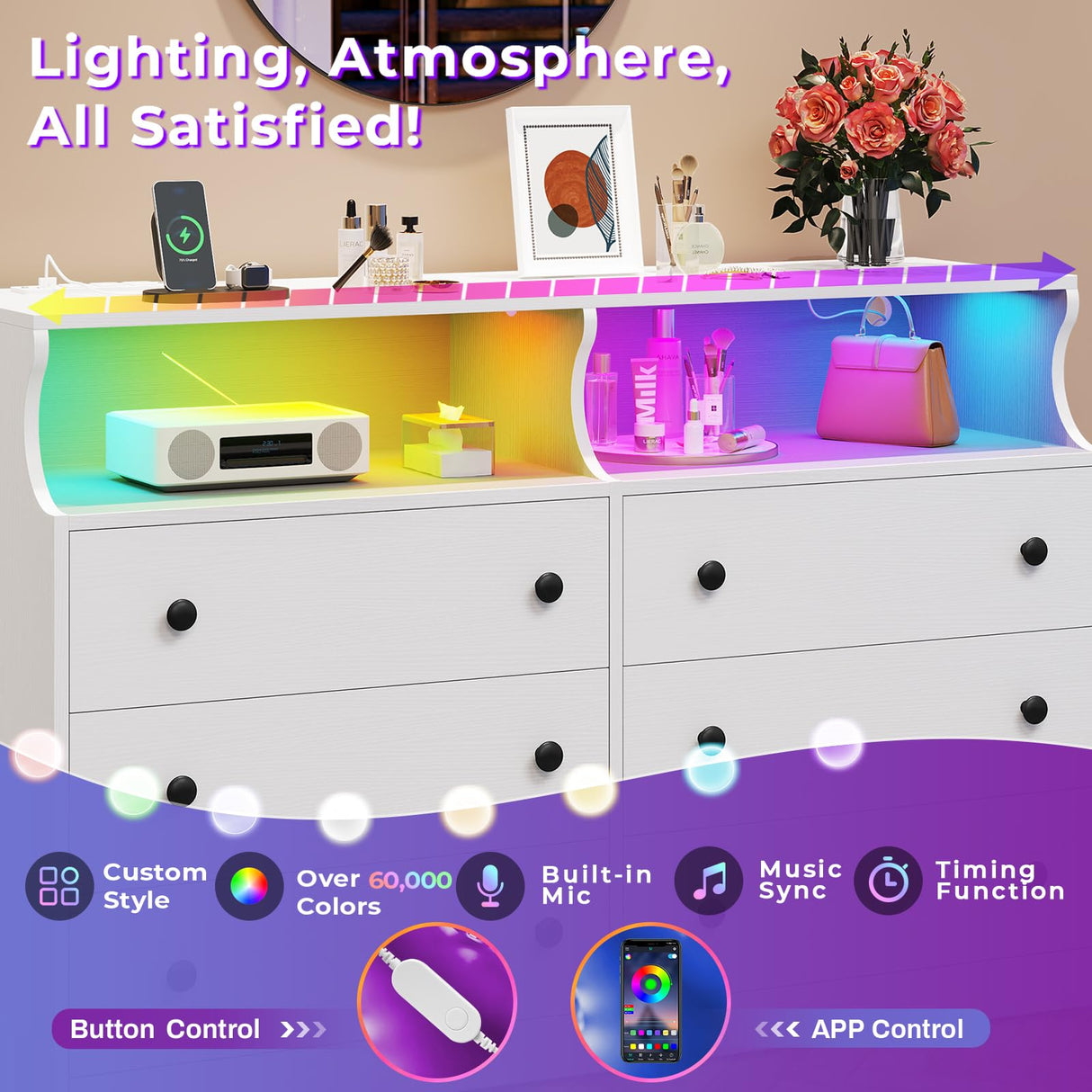 Hasuit 6 Drawer Dresser with LED Lights and Charging Station, Wide Chest of 6 Drawers with Open Space, Modern Large Capacity Storage Cabinet, White Dresser for Bedroom, Living Room, Hallway Hasuit