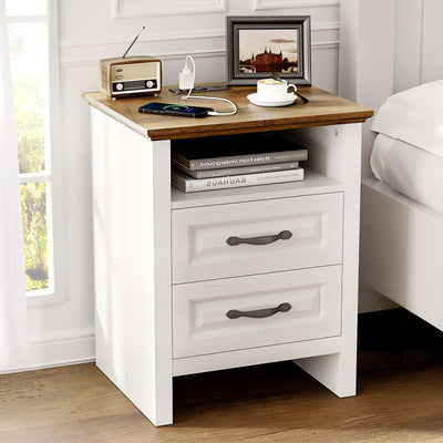 Pipishell Night Stand with Charging Station, Farmhouse Bedside Table with 2 Drawers and Open Storage, Rustic End Table with AC Outlets & Type-C Ports for Bedroom, White & Brown