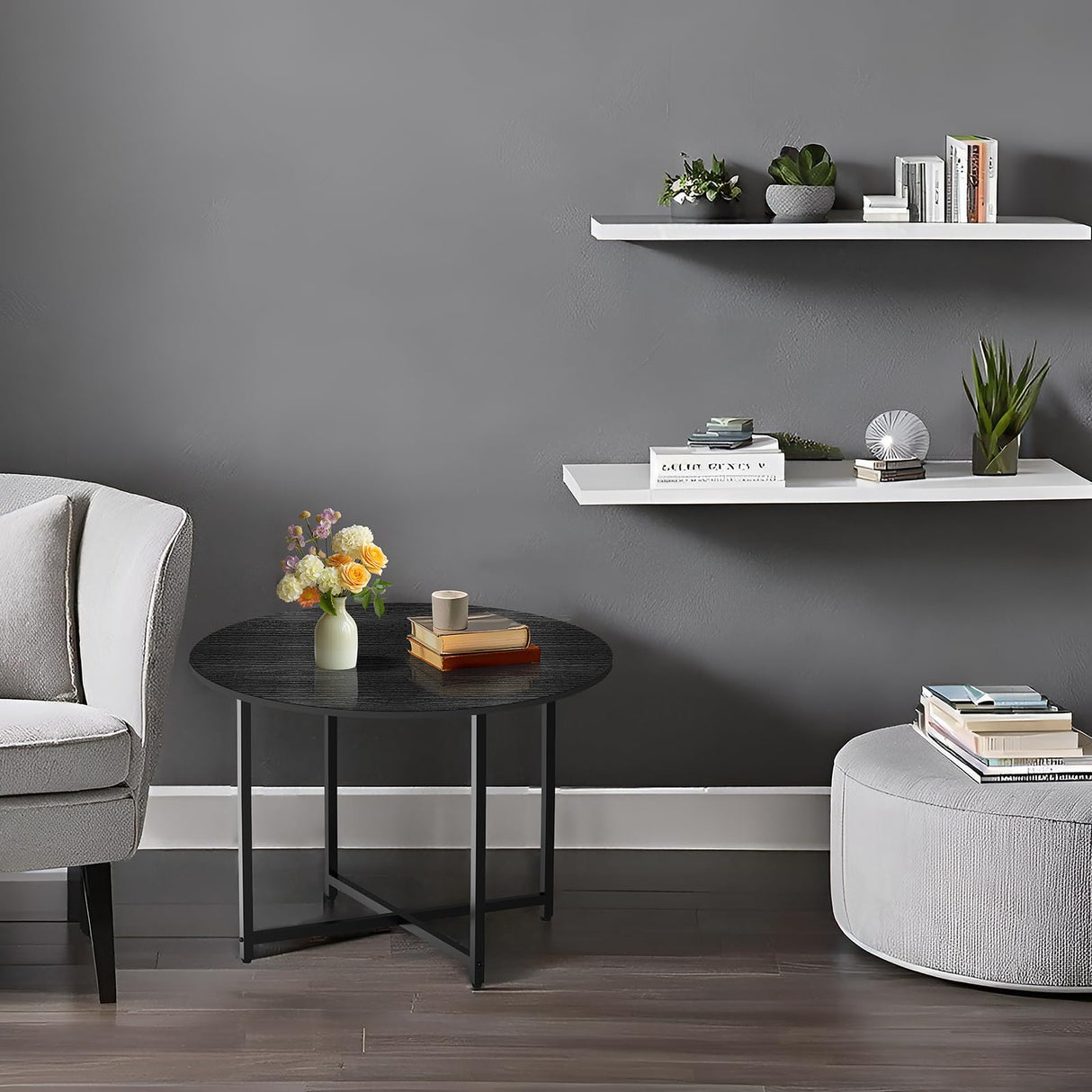 FAMIDGE Coffee Table, 23.6" Coffee Tables for Living Room, Round Coffee Table with Metal Frame, Floor Table for Sitting on The Floor, Home, Office, Black FAMIDGE