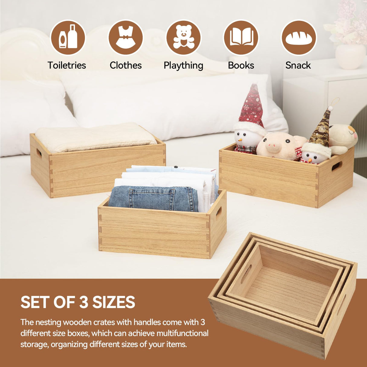 KIRIGEN Nesting Wood Crates with Handles Set of 3 - Farmhouse Decor Wooden Storage Containers/ Portable Rolling Tray Basket/ Crates Decorative Boxes Natural 3TH-NA KIRIGEN