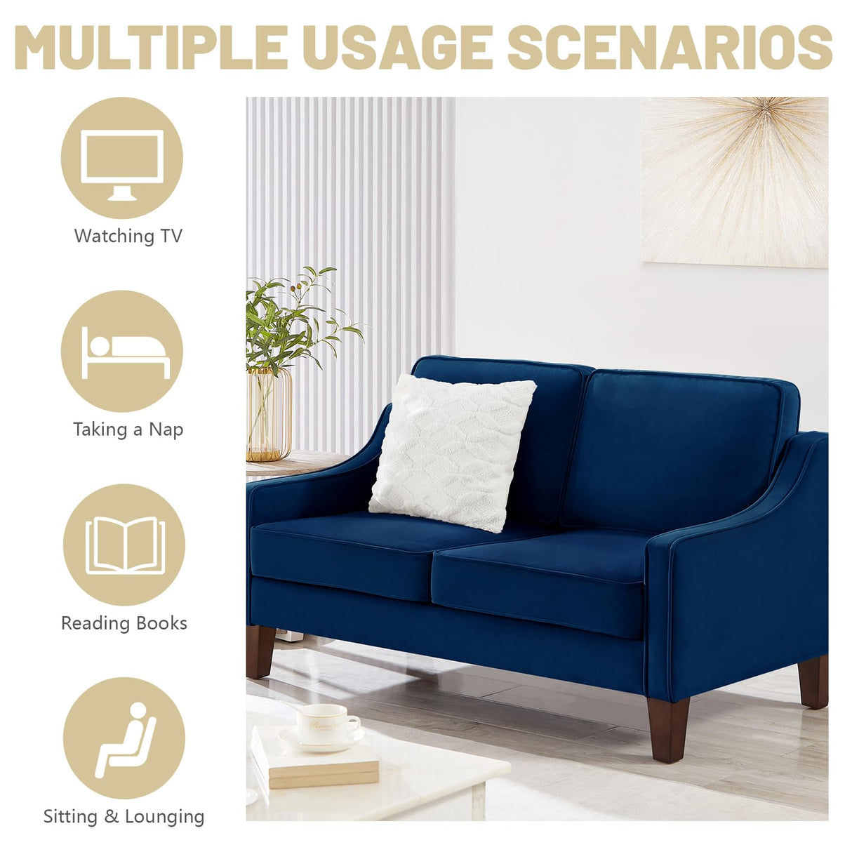 GOAWGO Modern Velvet Loveseat Sofa Couch Upholstered Love Seat Couches with Wooden Legs Comfy 2 Seat Small Couch for Living Room Bedroom Small Spaces, Navy GOAWGO