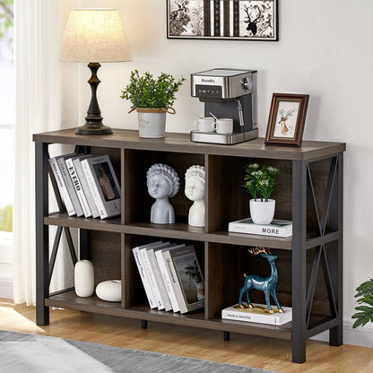 FATORRI Rustic 6 Cube Storage Organizer with Shelf, Wood and Metal Cubby Bookcase, Industrial Horizontal Bookshelf (Walnut Brown, 47 Inch) - WoodArtSupply