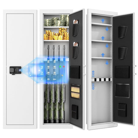 Bonusall 53" Wall Gun Safes Between Stud with Fingerprint Lock,Assembled Shotgun Safe with 3 Removable Shelf,4 Wall Gun Cabinet for Rifles and Pistols with Adjustable Racks (White) Bonusall