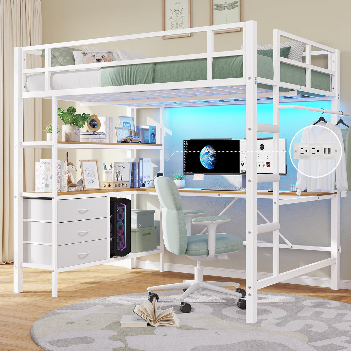 DICTAC Full Size Loft Bed with L-Shaped Desk, LED Lights and Charging Station Full Metal Loft Bed Frame with 3 Storage Shelves & 3 Fabric Drawers,Loft Beds with Top Bunk -Safety Guard & Ladder,White DICTAC