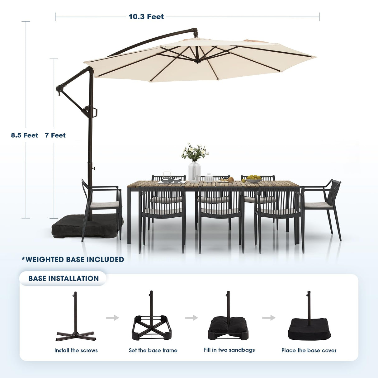 wikiwiki 10ft Patio Umbrella with Base Included, Outdoor Offset Cantilever Umbrella, Infinite Tilt, Crank and Cross Base, Beige wikiwiki