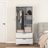 UZUGUL Armoire Wardrobe Closet with Mirror Door and Light,Farmhouse Bedroom Armoire Cabinet with Hanging Rod and 2 Drawer,Wooden Wardrobe Cabinet Closet with Adjustable Shelf for Bedroom UZUGUL