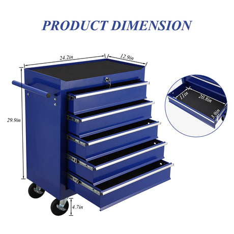 5 Drawer Rolling Tool Box,Blue Locking Tool Chest With Drawers,Tool Cabinets On Wheels for Garage Storage,Warehouse,Workshop,Repair Shop Mechanic Tool Cart BouPower