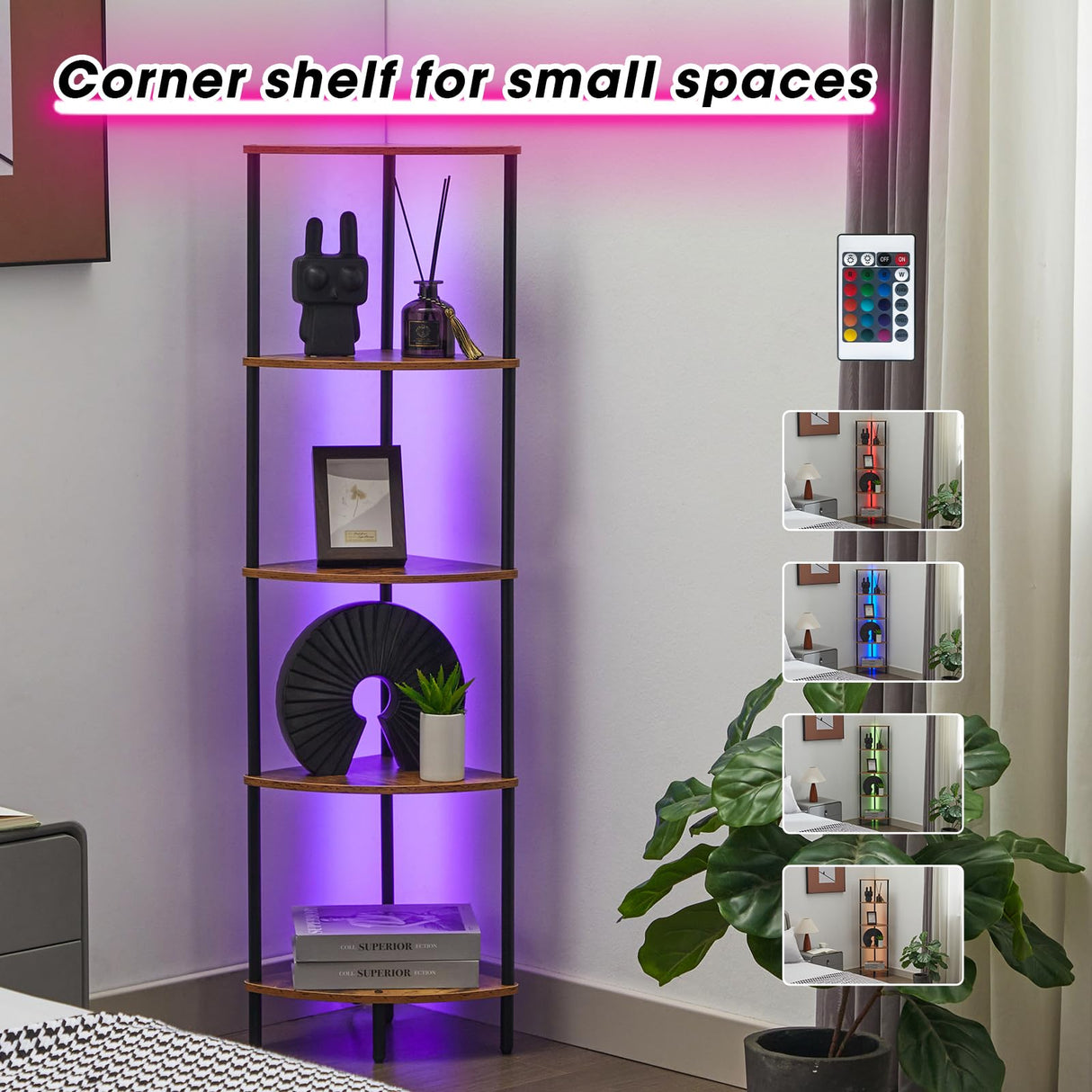 Ymesiyou 5-Tier Corner Bookshelf with LED Light, Corner Bookshelf for Tight Spaces, Narrow Display with Storage Rack, for Living Room, Bedroom, Metal Display Shelf Ymesiyou
