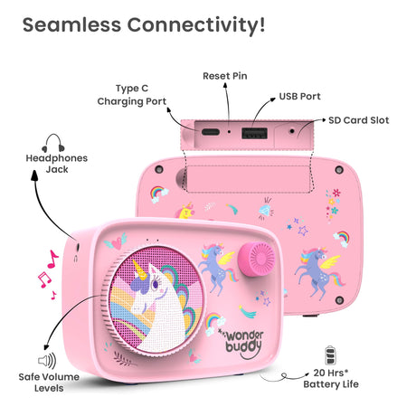 WonderBuddy Kids Story Box Audio Player, 500+ Preloaded Stories & Rhymes with Storybook DIY Art Kit, Voice Recorder, Content Upgrade, Bluetooth, Birthday Gift for Girls 3+ Years- Unicorn WonderBuddy