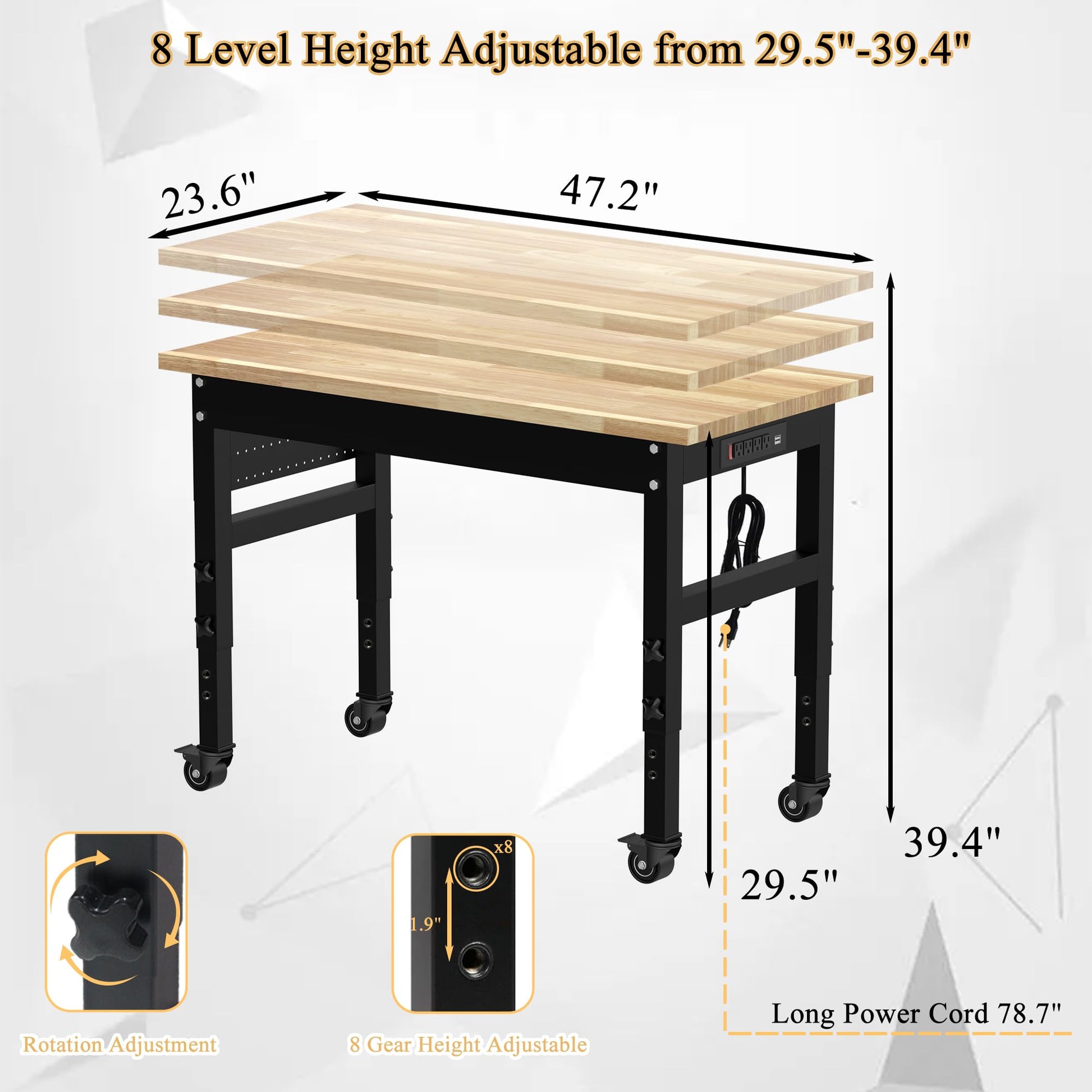 MISHAO 48" Adjustable Workbench on Wheels, Rubber Wood Heavy-Duty Worktable w/Power Outlet & Pegboard, 2000 LBS Load Capacity Hardwood Workstation for Garage, Workshop, Office, Home - WoodArtSupply