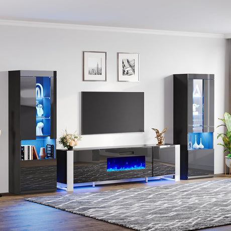AMERLIFE 70" Modern Fireplace TV Stand with 36" Electric Fireplace & 2 Large Storage LED Bookcases, 3 Piece Living Room Entertainment Center Set for TVs Up to 80in, All Black AMERLIFE