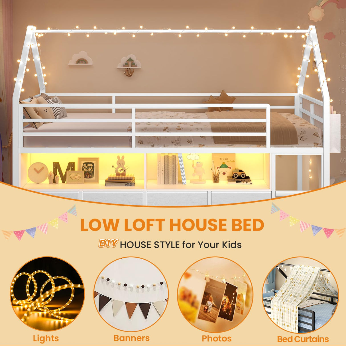 BTHFST Twin Size Loft Bed for Kids, 8 Storage Drawers & LED Lights, House Shaped Metal Bed with Bookcase, Soft Foam Ladder, 13.4" Safety Guardrail, Space Saving, Fun Curtain BTHFST