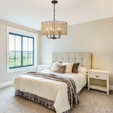 Rattan Chandelier Farmhouse 5 Lights Hand Woven Large Boho Chandeliers for Dining Room Light Fixture Hanging 19" Wicker Pendant Lighting Drum Chandeliers for Living Room Kitchen Island Foyer Hallway MRHYSWD