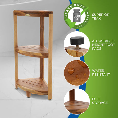 EcoDecors Snazzy Corner Natural ColorThree Tier Shelf Waterproof Teak Wood Shower Bench Stool Seat Chair For Inside Shower Provides Safety, Storage and Organization For Bathroom Accessories EcoDecors