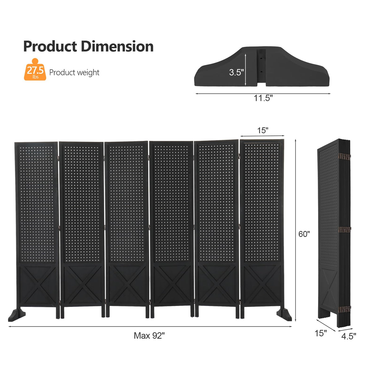 VINGLI Freestanding Pegboard with Support Feet, 5 FT Wood Room Divider Display Board Organizer, Folding Privacy Screen Partition Space Separator for Craft Shows Events Retail (Black, 6 Panel) VINGLI