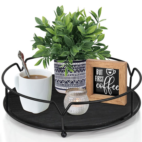 Round Decorative Serving Tray,Farmhouse Wood Tray for Coffee Table,11.5’’ Wooden Tray for Home Decor,Display Tray for Kitchen Bathroom Organizer Coffee Dining Table Centerpiece Cheeorry