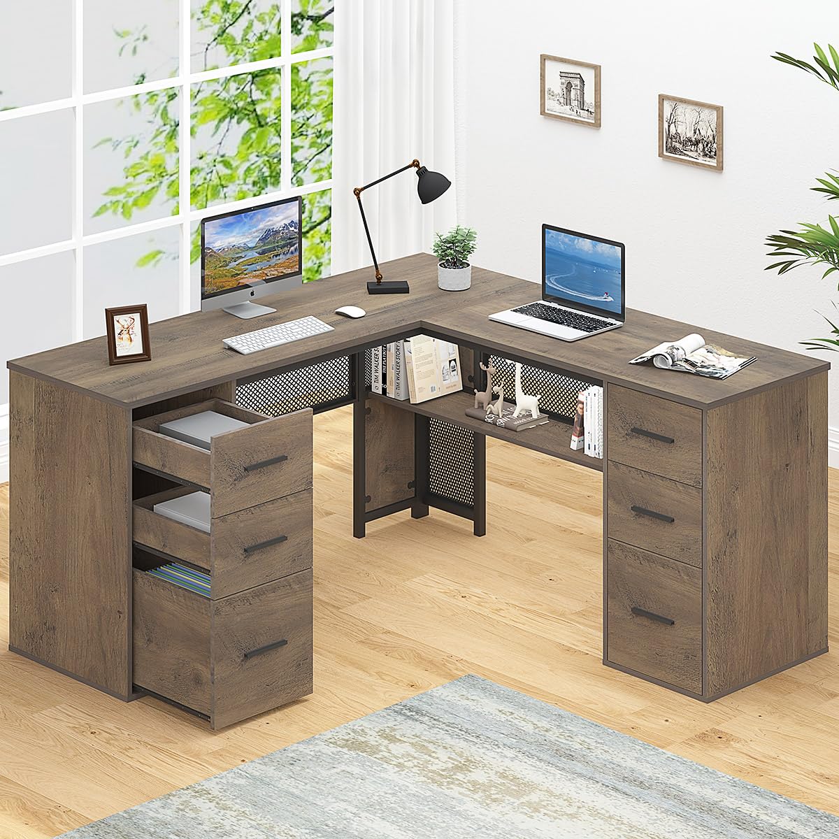 HSH Large L Shaped Home Office Desk with Drawers, Rustic L-shaped Computer Desk with Storage File Cabinet Shelves, Corner Reversible Metal Wood Executive Work Study Writing Table, 59 Inch Bedroom Desk HSH