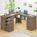 HSH Large L Shaped Home Office Desk with Drawers, Rustic L-shaped Computer Desk with Storage File Cabinet Shelves, Corner Reversible Metal Wood Executive Work Study Writing Table, 59 Inch Bedroom Desk HSH