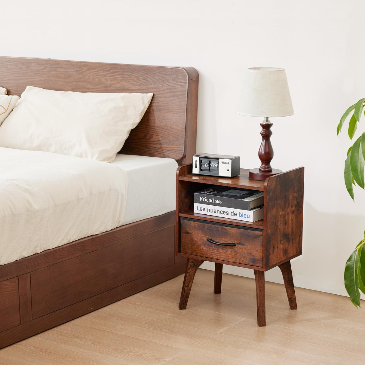 YUFAM Wooden Night Stand,Mid Century Modern Nightstand,Side Tables with Drawers and Open Storage Shelf,Bedside Table with Wood Legs,End Table for Bedroom,Sitting Room and Small Spaces (Brown) YUFAM