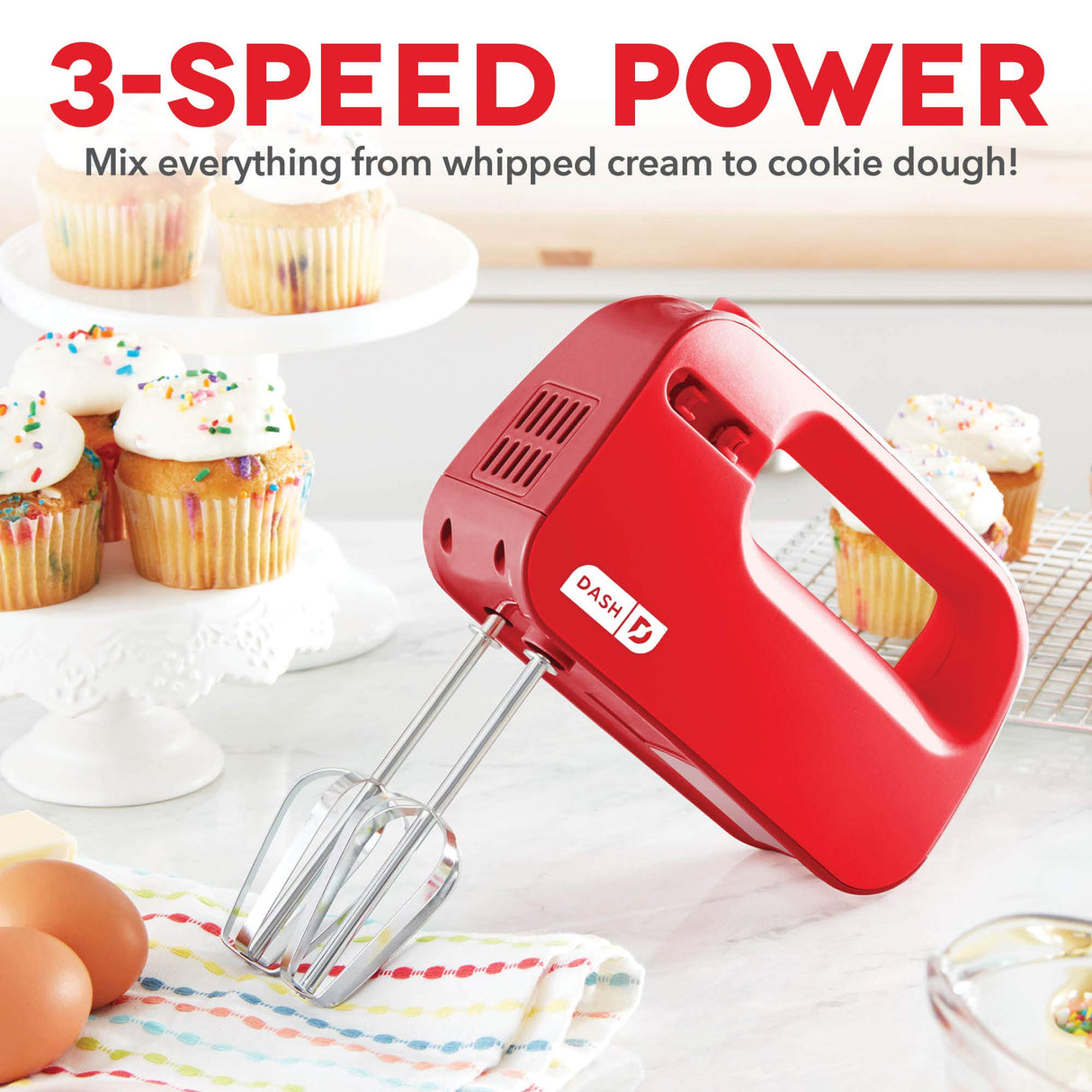Dash SmartStore™ Deluxe Compact Electric Hand Mixer + Whisk and Milkshake Attachment for Whipping, Mixing Cookies, Brownies, Cakes, Dough, Batters, Meringues & More, 3 Speed, 150-Watt – Red DASH