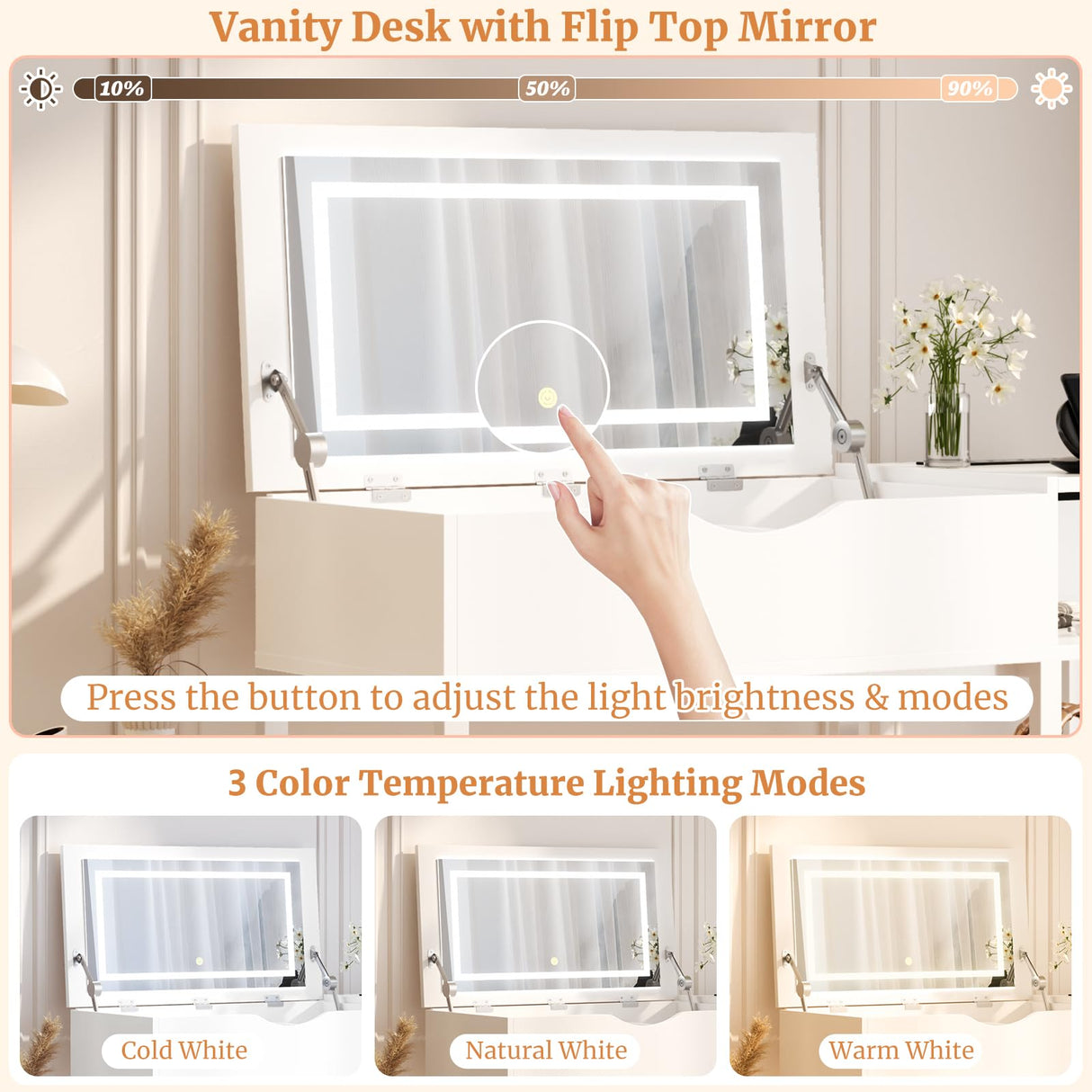 Cyclysio Vanity Desk with Flip Top Mirror and Lights, Makeup Vanity Desk with Drawers, Dressing Table with Storage Shelves & Charging Station, Small Vanity for Small Spaces, White Cyclysio