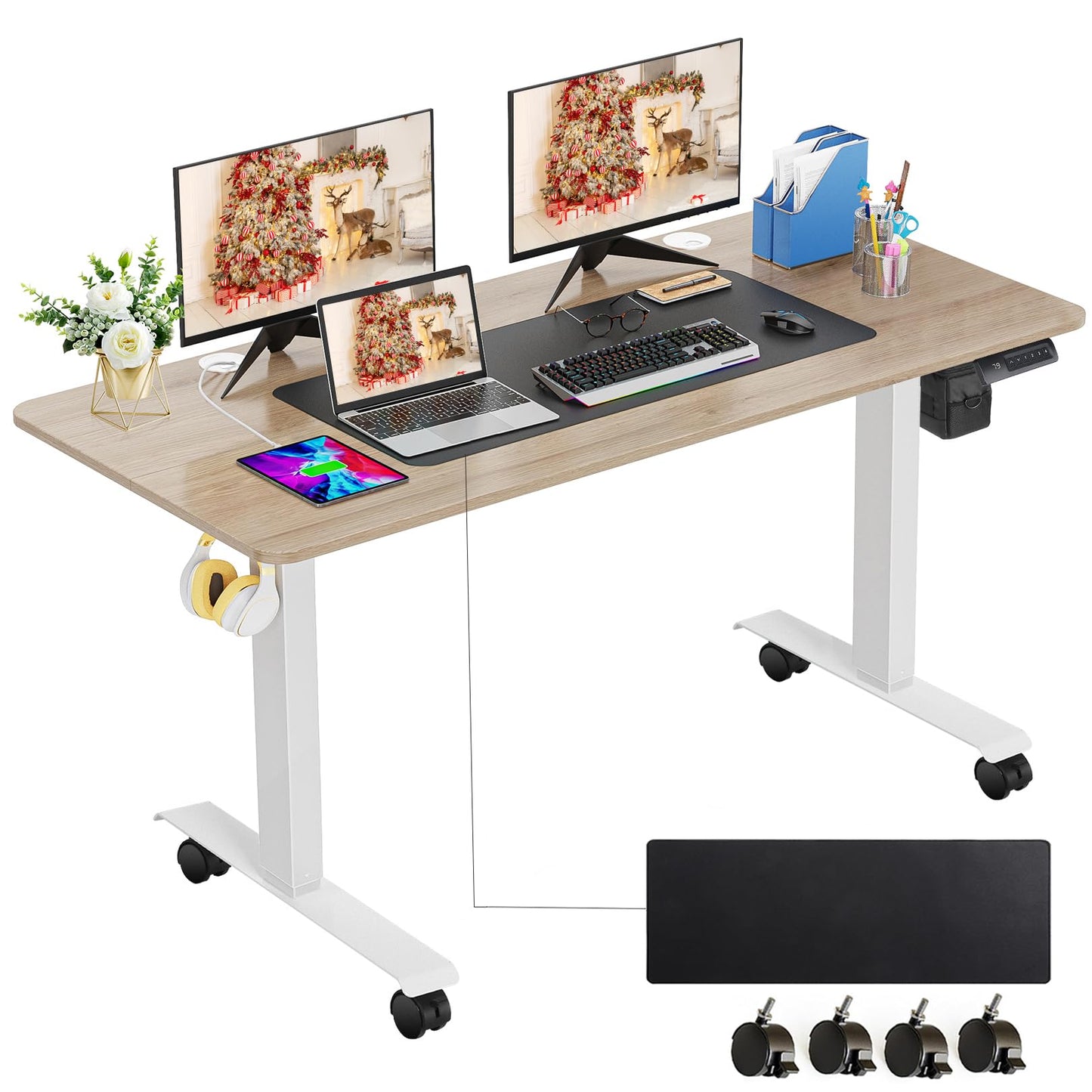 farexon Electric Standing Desk Adjustable Height, 63x24 Inches Computer Desk with Rolling Wheels, Mouse Pad,Multifunctional Stand up Desk for Home/Office(Oak Gray) - WoodArtSupply