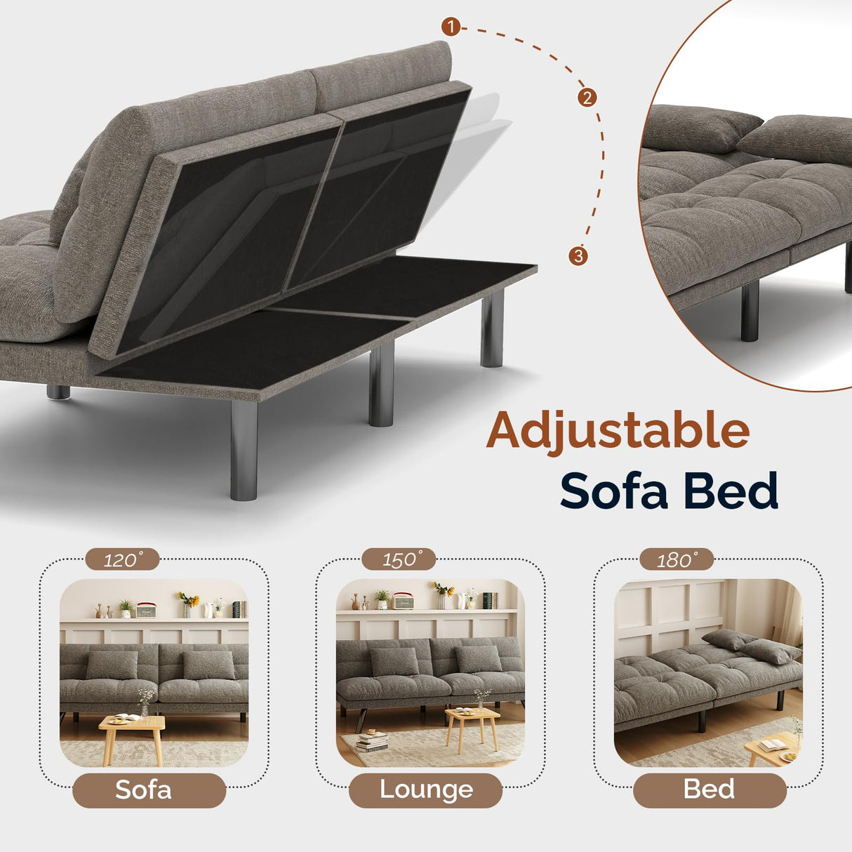 homeokay Futon Sofa Bed Convertible 70 inch Solid Wood Couch for Living Room, Chenille Fabric, 2 Cushions (Gray) homeokay