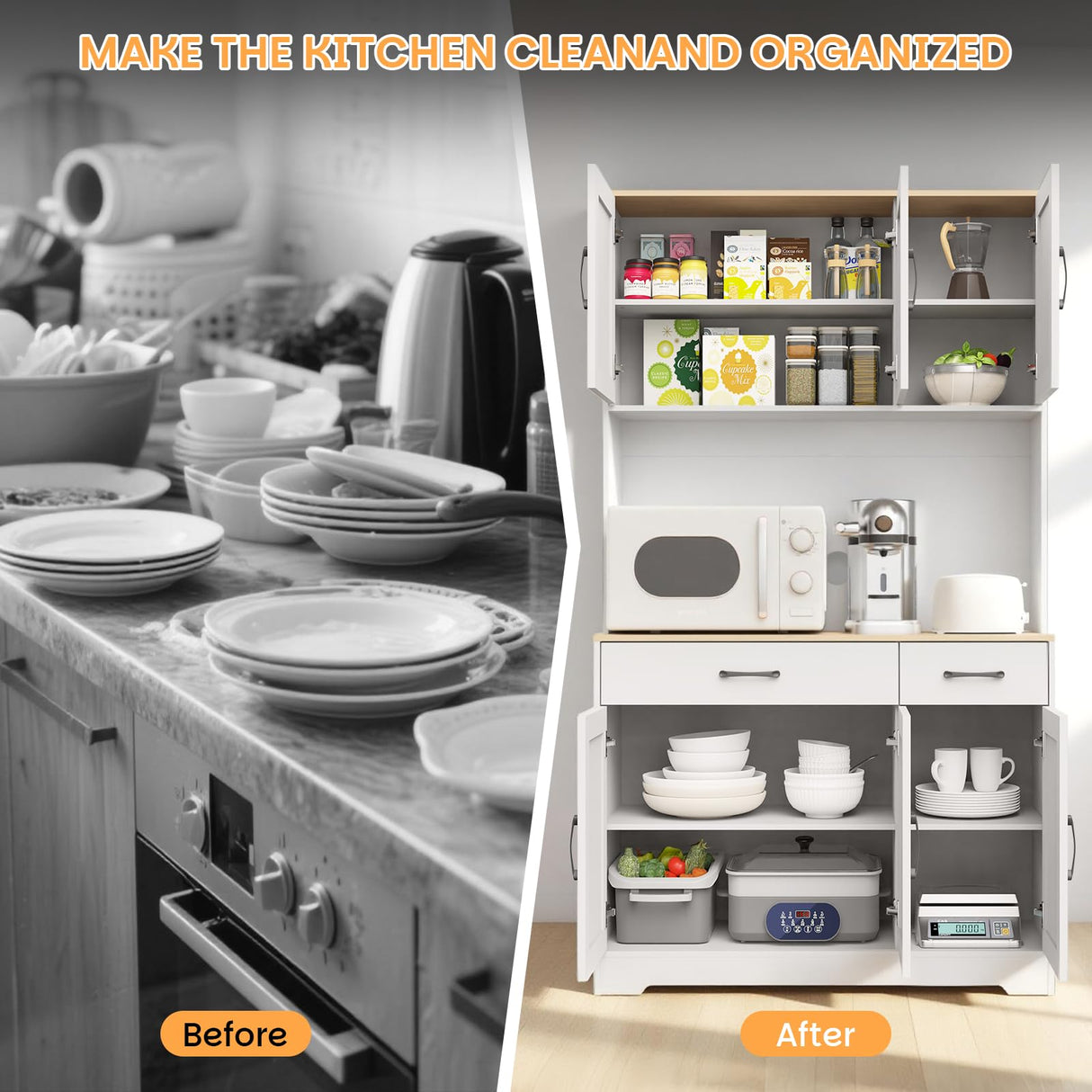 Huisenitre 70 inch Kitchen Pantry Cabinet with Ports, Pantry Cabinet with Microwave Rack, Farmhouse Style Kitchen Pantry with Storage Drawers, Suitable for Living Room, Dining Room, etc (White) Huisenitre