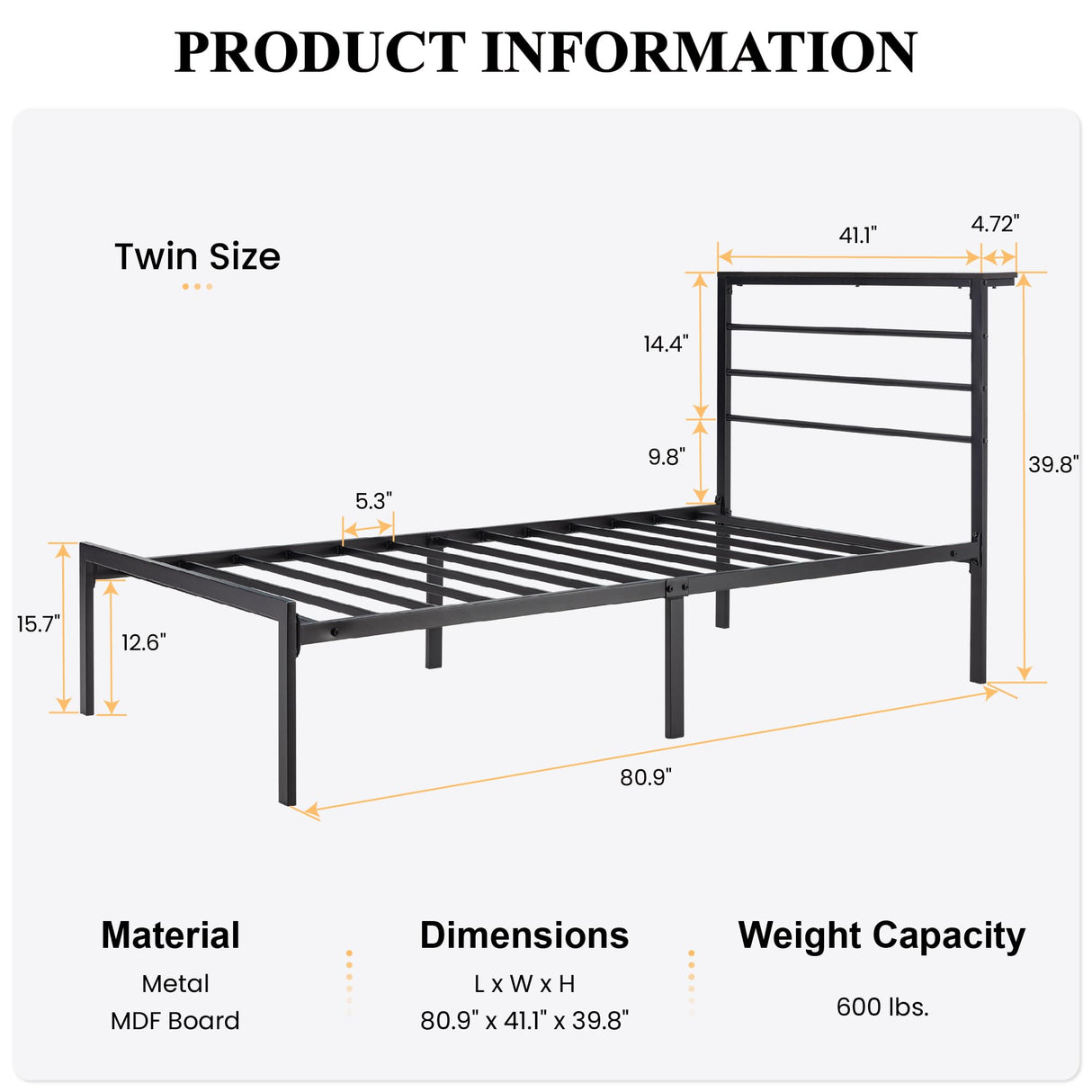 SHA CERLIN Heavy Duty Twin Bed Frame with Practical Headboard Shelf and Strong Metal Support SHA CERLIN