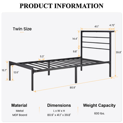 SHA CERLIN Heavy Duty Twin Bed Frame with Practical Headboard Shelf and Strong Metal Support - WoodArtSupply