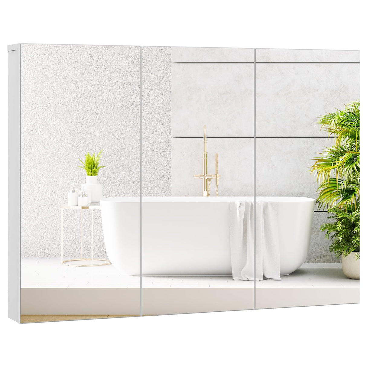 Tangkula Mirrored Medicine Cabinet, Large Wide Wall Mounted Storage Cabinet with 3 Mirror Doors & Adjustable Shelf, Hanging Bathroom Organizer, White, 34.5 x 5 x 25.5 Inches Tangkula