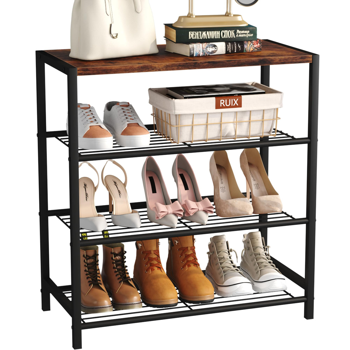 Yusong Shoe Rack, 4 Tier Shoe Organizer Storage for Closet Entryway, Narrow Slim Metal Shoe Shelves with Industrial Wooden Top, Rustic Brown and Black Yusong