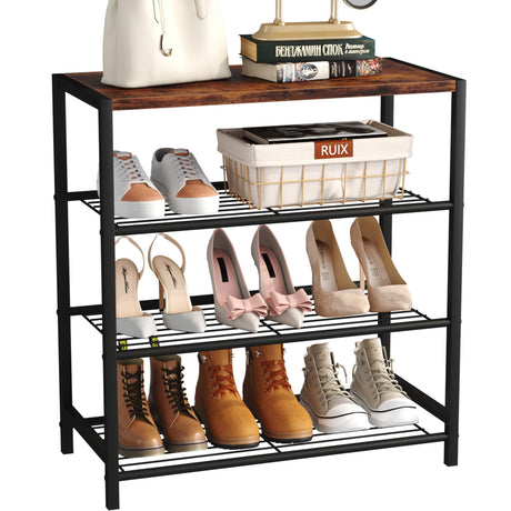 Yusong Shoe Rack, 4 Tier Shoe Organizer Storage for Closet Entryway, Narrow Slim Metal Shoe Shelves with Industrial Wooden Top, Rustic Brown and Black Yusong