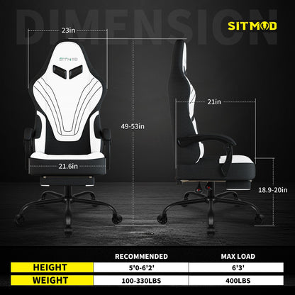 Gaming Chair, Ergonomic Computer Chair with Footrest, Big Tall PC Gamer Chair with Headrest and Massage Lumbar Support, 360° Swivel Height Adjustable Fabric Video Office Chairs for Adults (White)