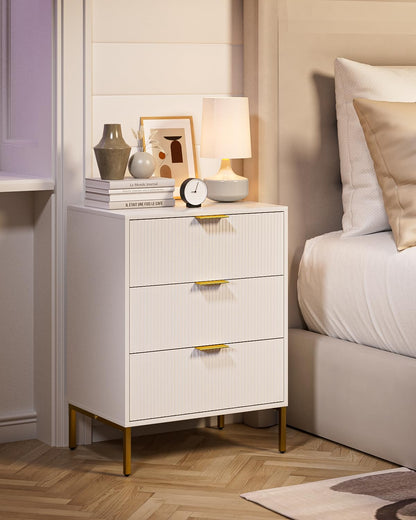 Aienvey Night Stand,Tall Bedside Table with 3-Storage Drawers,White Nightstand,End Table,Bedside Furniture,Side Table with Gold Frame,Fluted Drawer Dresser for Bedroom,Living Room - WoodArtSupply