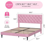 Queen Bed Frame, Upholstered Platform Bed with Button Tufted Headboard, Fabric Queen Size Beds with Wooden Slats Support, No Box Spring Required, Easy Assembly, Pink BarnFurin