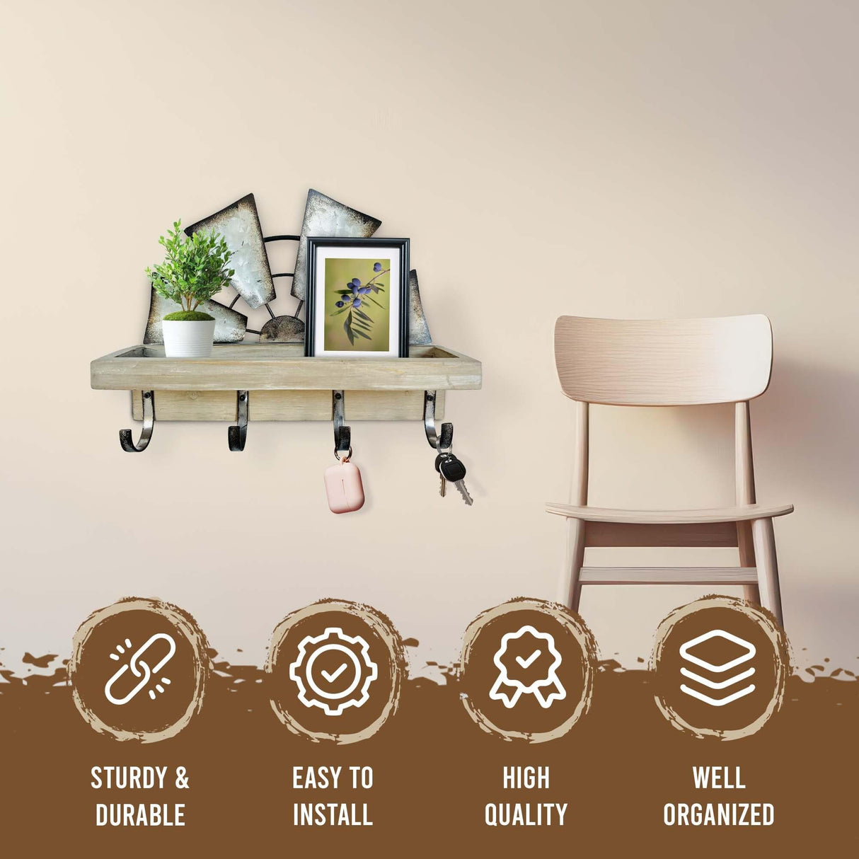 Rooty Heart Windmill Key Holder for Wall Mount, Key and Mail Holder for Wall with Key Shelf, Keys Holder on Wall, Farmhouse Decor Rooty Heart