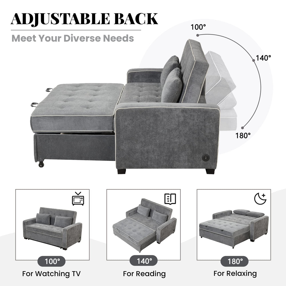 Merax Convertible Pull Out Sofa Bed, 65.7" Upholstered Sleeper Sofa with Dual USB Charging Port, Adjustable Backrest and 2 Pillows, Button Tufted Loveseat Couch for Living Room Bedroom, Charcoal Grey Merax