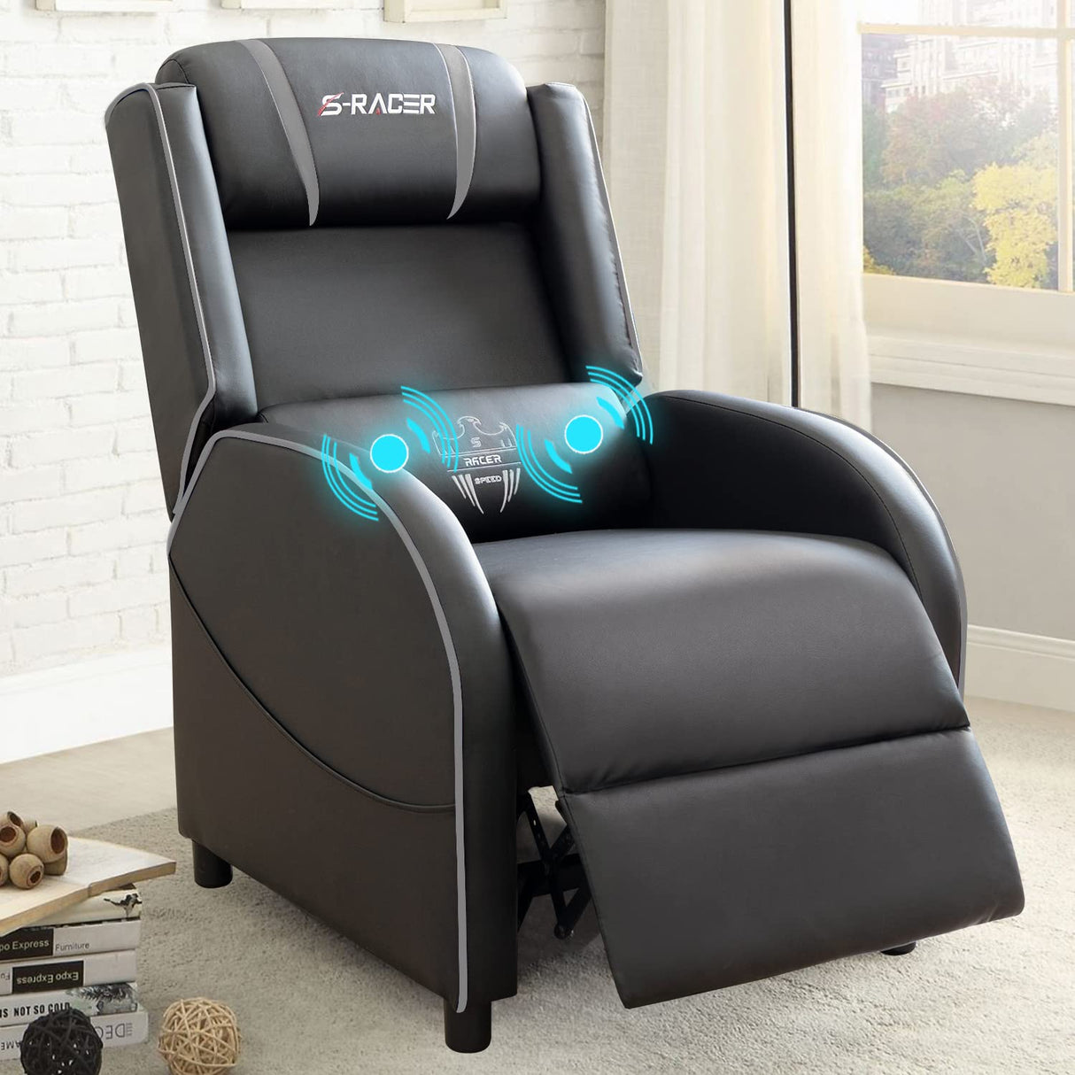Homall Massage Gaming Recliner Chair, Racing Style Gaming Sofa, PU Leather Home Theater Seat, Living Room Ergonomic Comfortable Gamer Lounge(Grey) Homall