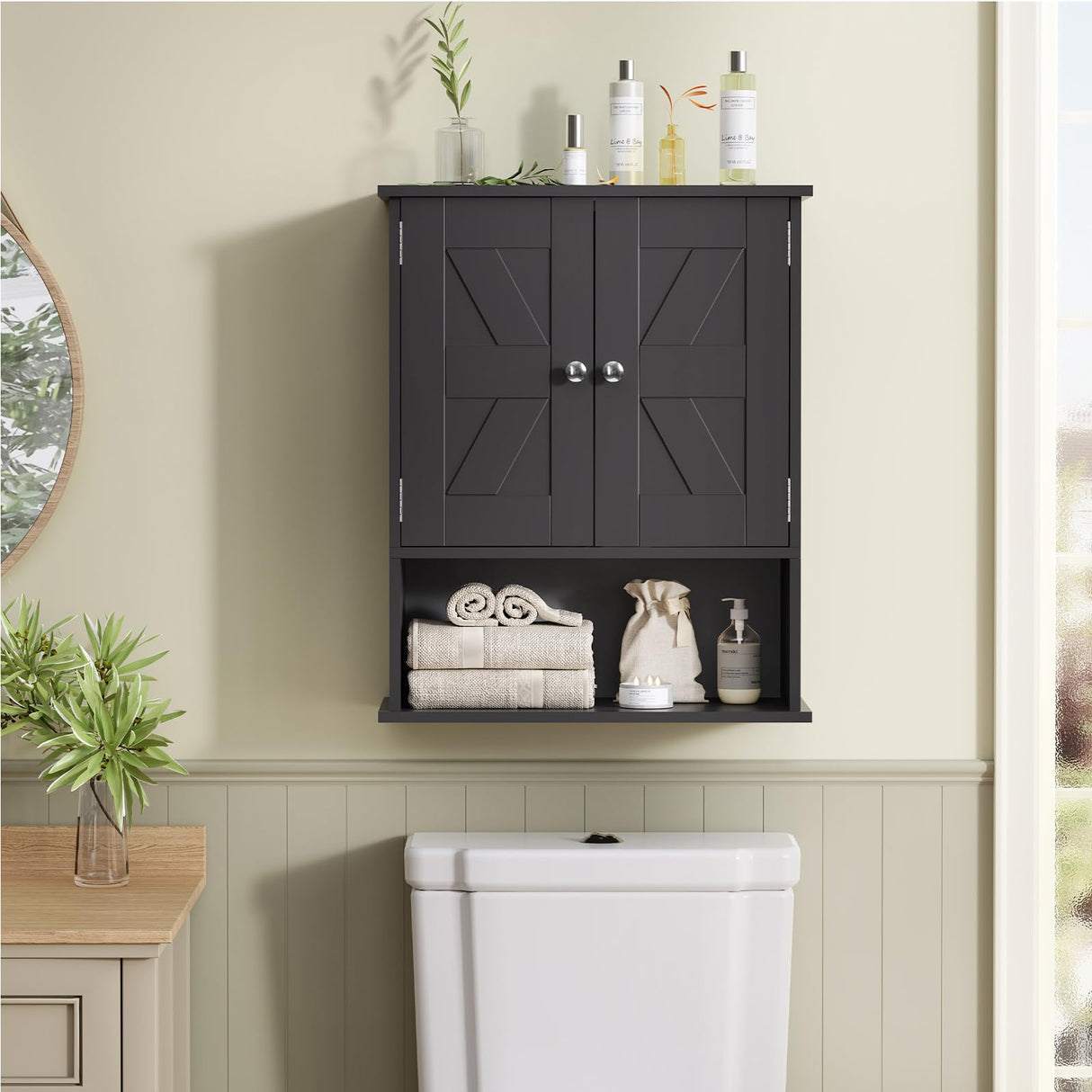 TEENFON Bathroom Wall Cabinet, Over The Toilet Space Saver Storage Cabinet with Barn Doors & Adjustable Shelf, Hanging Medicine Cabinet, Black TEENFON