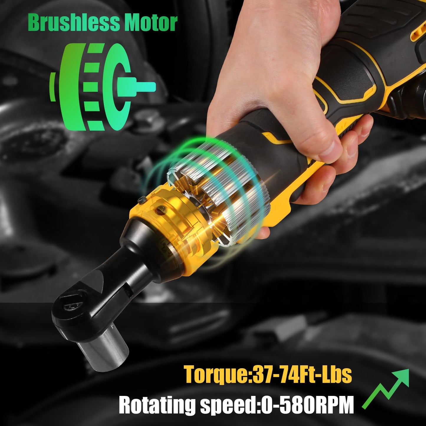 Electric Ratchet, Cordless Ratchet Wrench 3/8" Compatible with DEWALT 20V Battery, 74Ft-lb, 580 RPM, Variable Speed Trigger, LED Light, 3/8" to 1/4" Adapter, 9 Sockets, No Battery Included - WoodArtSupply