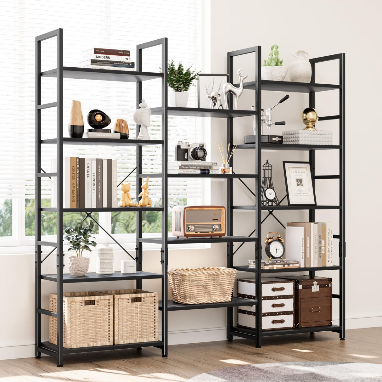 NUMENN Triple Wide 5 Tier Bookshelf, Rustic Industrial Style Bookcases and Bookshelves with 14 Open Display Shelves, Modern Tall Bookcase Furniture for Bedroom, Living Room and Home Office, Black NUMENN