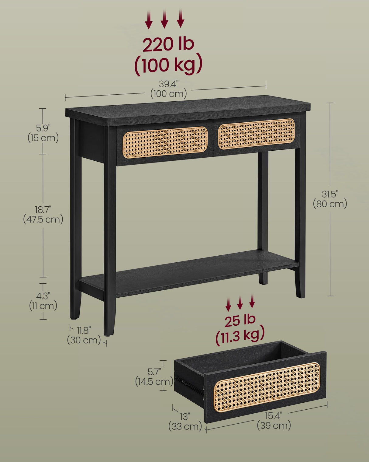 VASAGLE Console Table, Sofa Table, Narrow Entryway Table, Entry Table with 2 Drawers, Open Storage Shelf, Rounded Corners, for Living Room, Boho Style, Ash Black ULNT016B21 VASAGLE