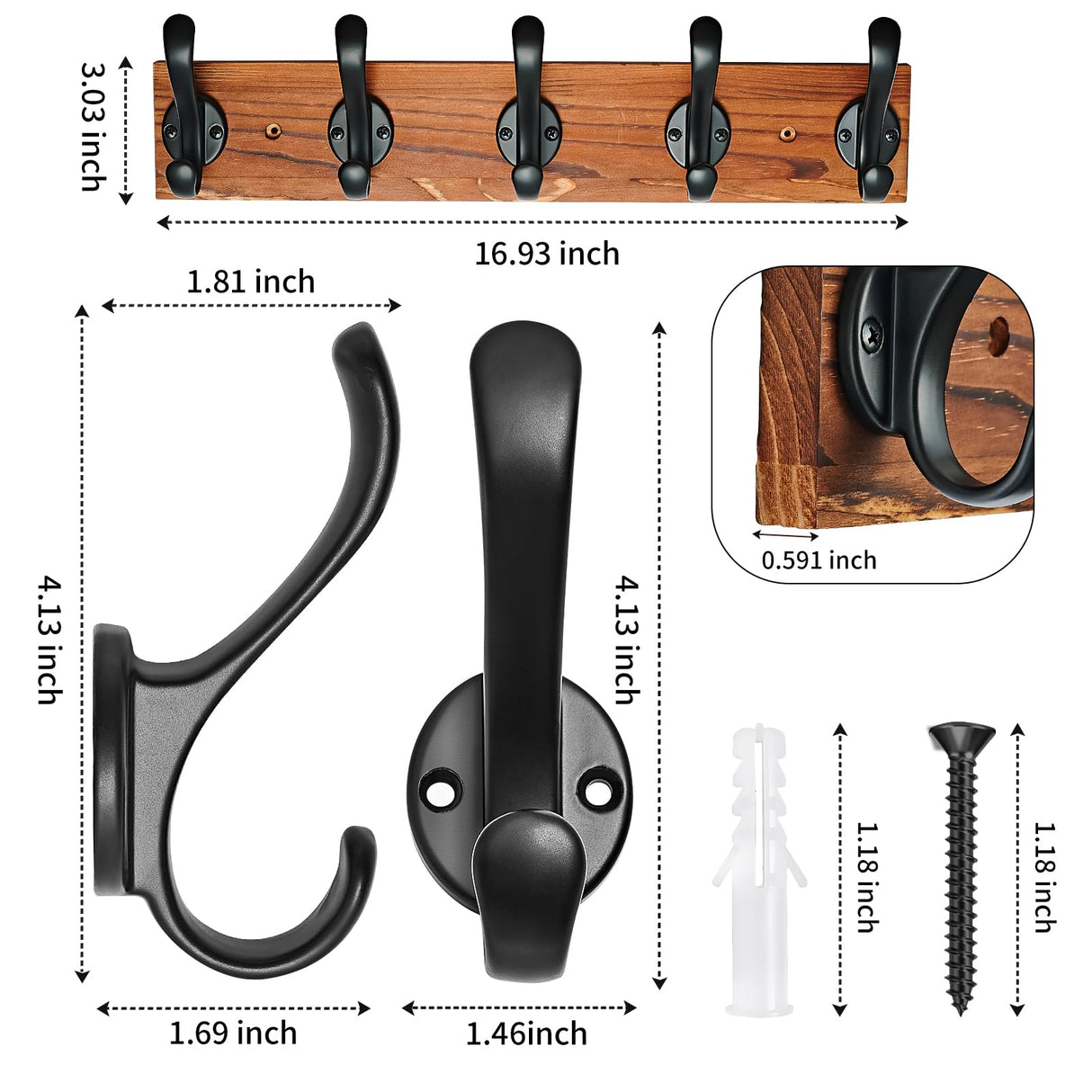 Hmsrjh Coat Rack Wall Mounted, Pre-Assembled 16" Wooden Hat Rack with 5 Hooks, Heavy Duty Rustic Farmhouse Wood Plank for Entryway, Bathroom - for Hanging Coats, Jackets, Hats, Bags, Backpacks Hmsrjh