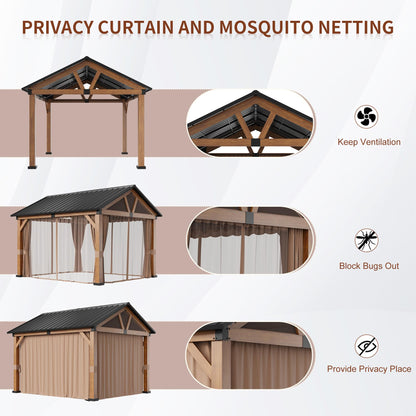 11 x 13 ft Hardtop Gazebo Wood Grain Aluminum Frame Gazebo Pavilion with Privacy Curtain and Mosquito Netting, Galvanized Steel Roof for Backyard