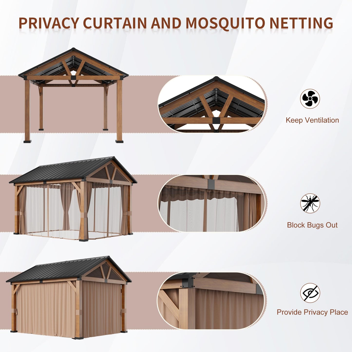 Boyel Living 11ft x 13ft Hardtop Gazebo,Wooden Frame,Outdoor Patio Deck Yard Lawn Backyard Gazebo with Curtains - WoodArtSupply