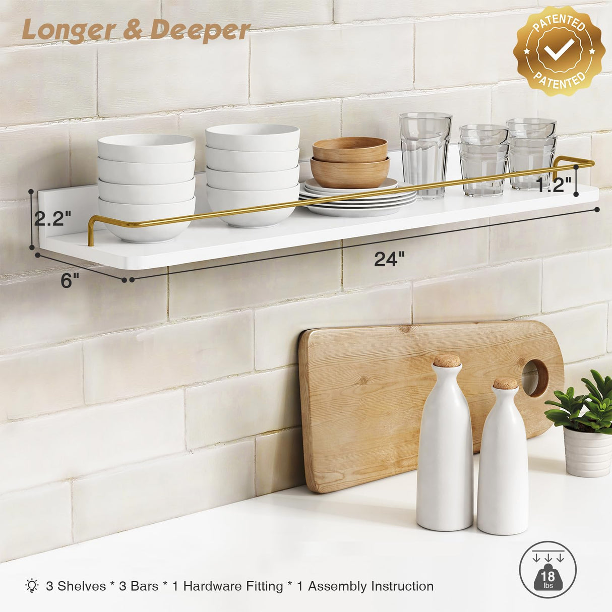 Forbena 24 Inch Bathroom Floating Shelves for Wall Set of 3, Gold Bathroom Shelves Over Toilet Wall Mounted with Rail, Decorative Hanging Shelf for Bedroom Office Living Room Decor (White and Gold) Forbena
